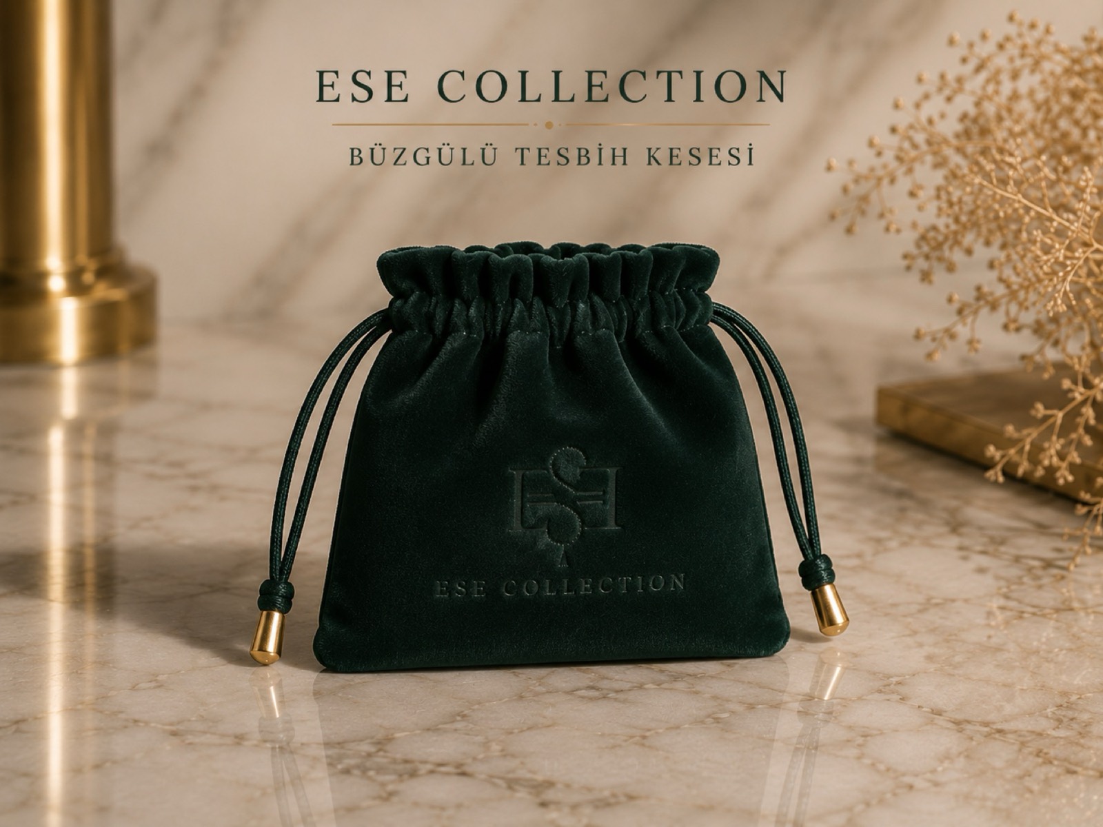Büzgülü yeşil süet tesbih kesesi