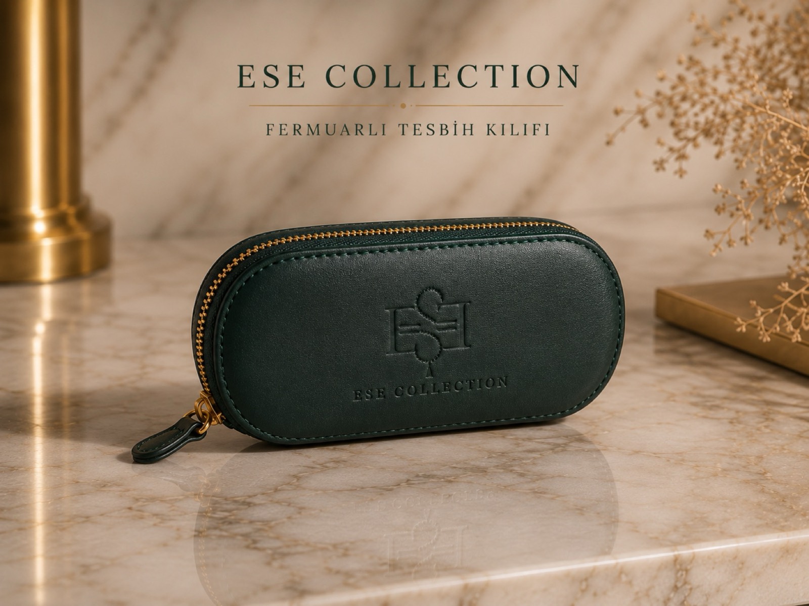 Fermuarlı oval yeşil deri tesbih kılıfı