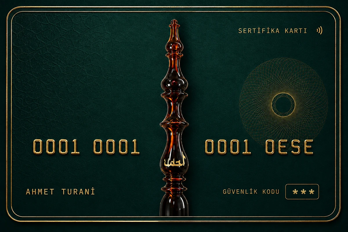 Ahmet Turani adına düzenlenmiş NFC çipli Sertifika Kartı — eser numarası, giyoş deseni ve gizlenmiş güvenlik kodu