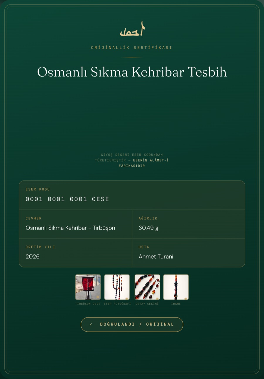 Eserin orijinallik sertifikası — giyoş mühür, eser kodu ve doğrulama damgası