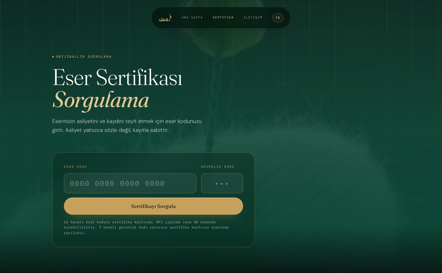Sertifika sorgulama ekranı — eser kodu ve güvenlik kodu alanları