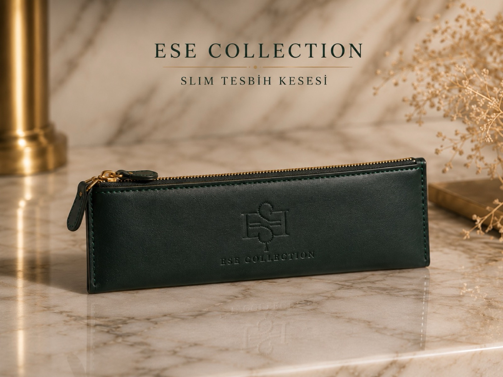 Slim yeşil deri fermuarlı tesbih kesesi