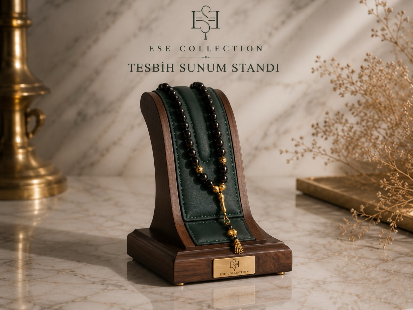 Ceviz ve yeşil deri tesbih sunum standı
