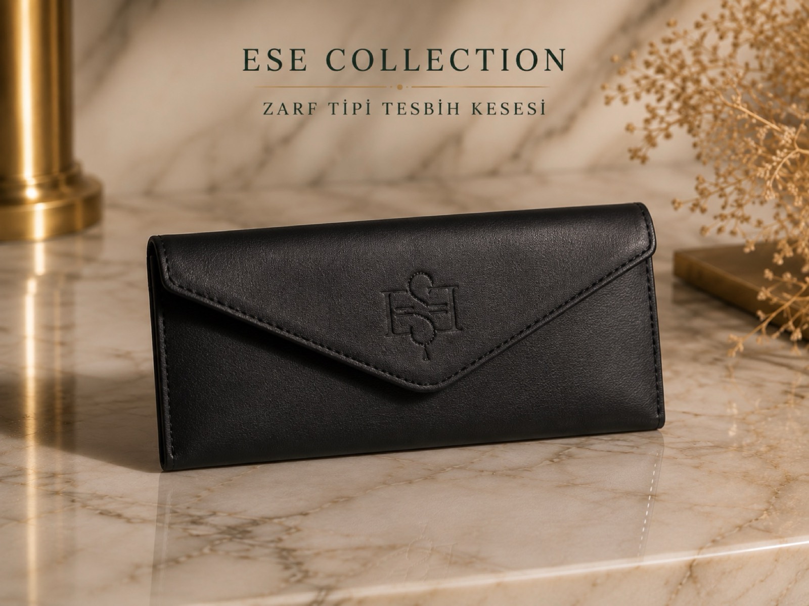 Zarf tipi siyah deri tesbih kesesi